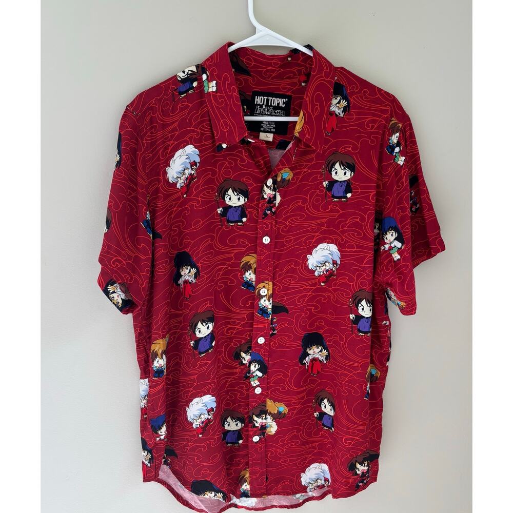 Hot Topic InuYasha Chibi Toss Anime All Over Print Button Up Size Large